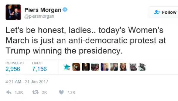 Piers Morgan gets slammed for criticizing the Women’s March on twitter, he fires back